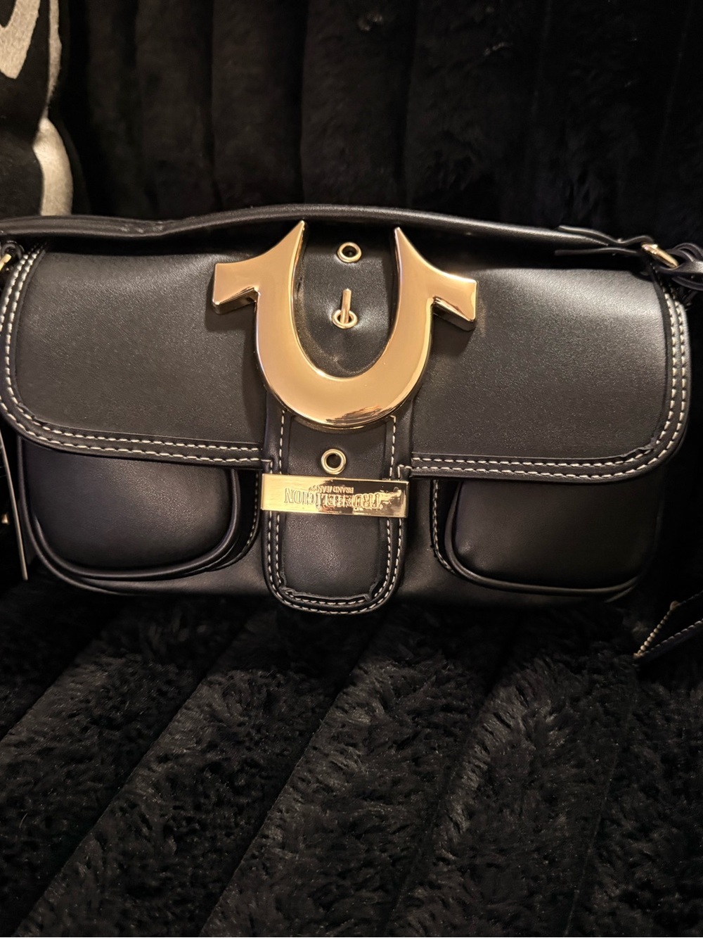 True Religion Black Leather Shoulder Bag with Gold Hardware
